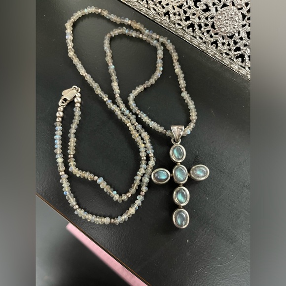 Doug Paulus India Sterling Silver 925 Labradorite Cross Pendant Bead Necklace - Picture 1 of 16